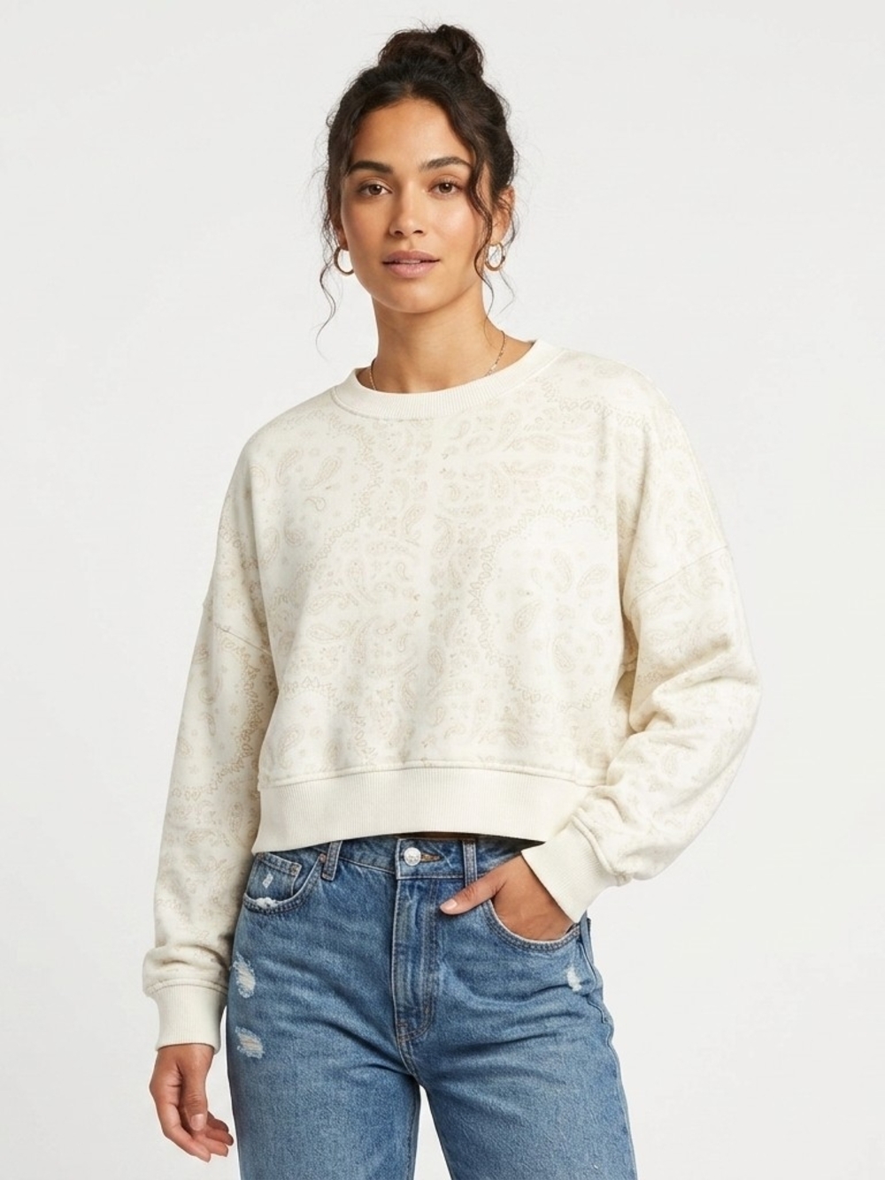aerie Cream Paisley Crop Sweatshirt Size Med